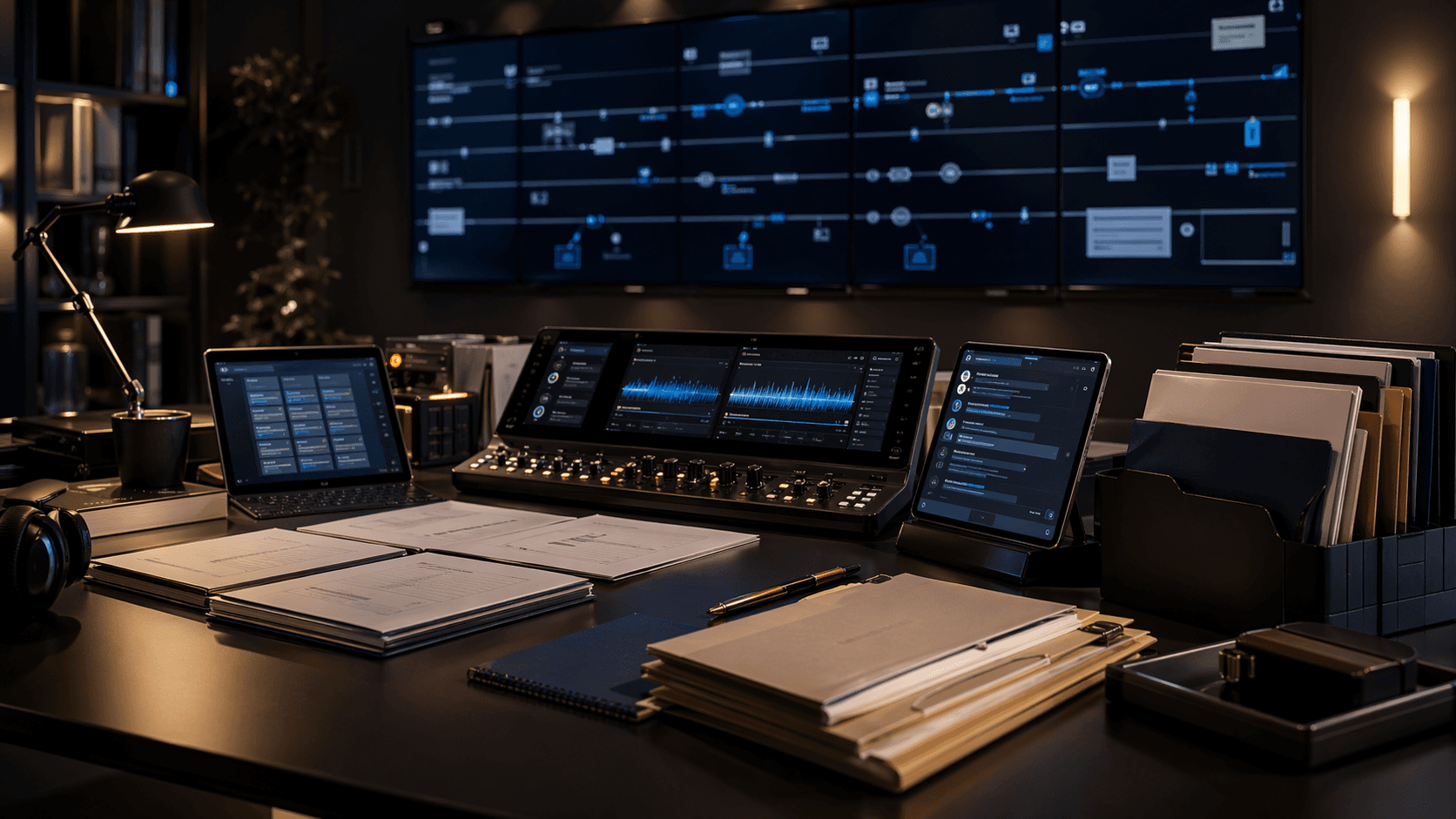 Generated editorial photo of a calm service operations desk with workflow screens