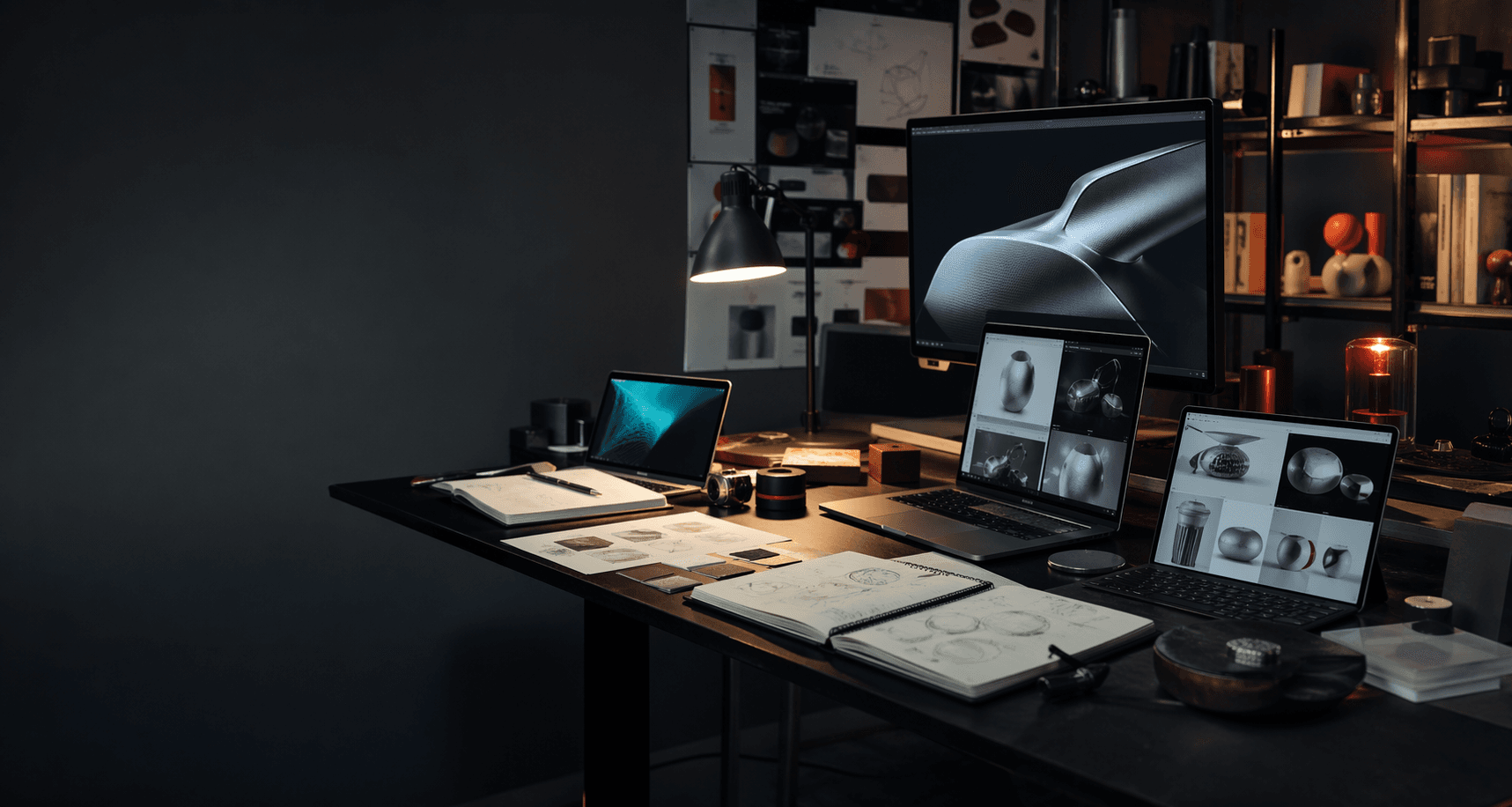 Generated editorial photo of a builder portfolio studio with devices, notes, and project prototypes