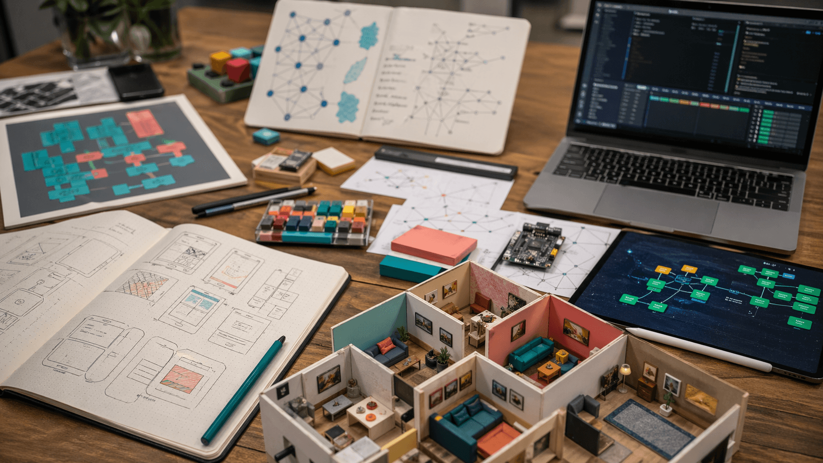 Generated editorial photo of prototypes, a browser extension test bench, model notes, and miniature room blocks